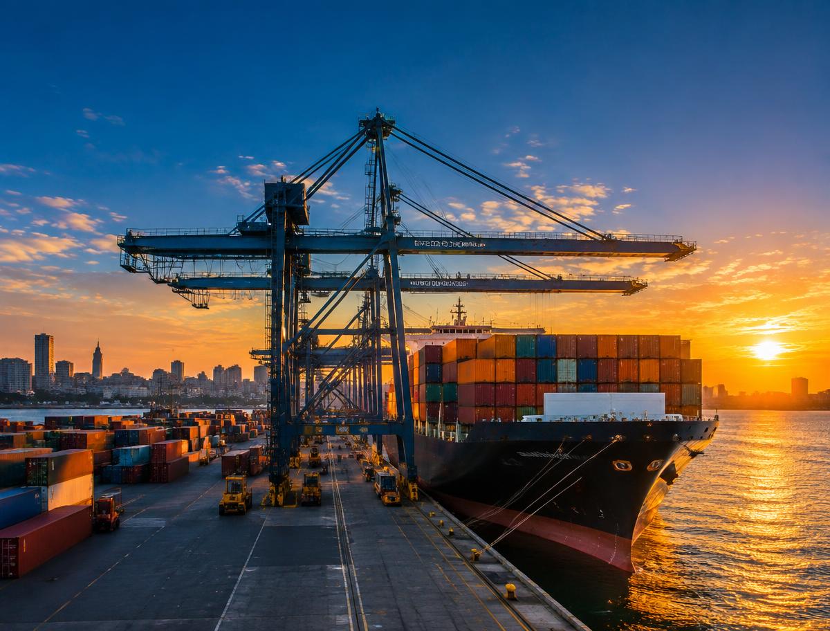 Container ship being loaded at the port of Montevideo at sunset