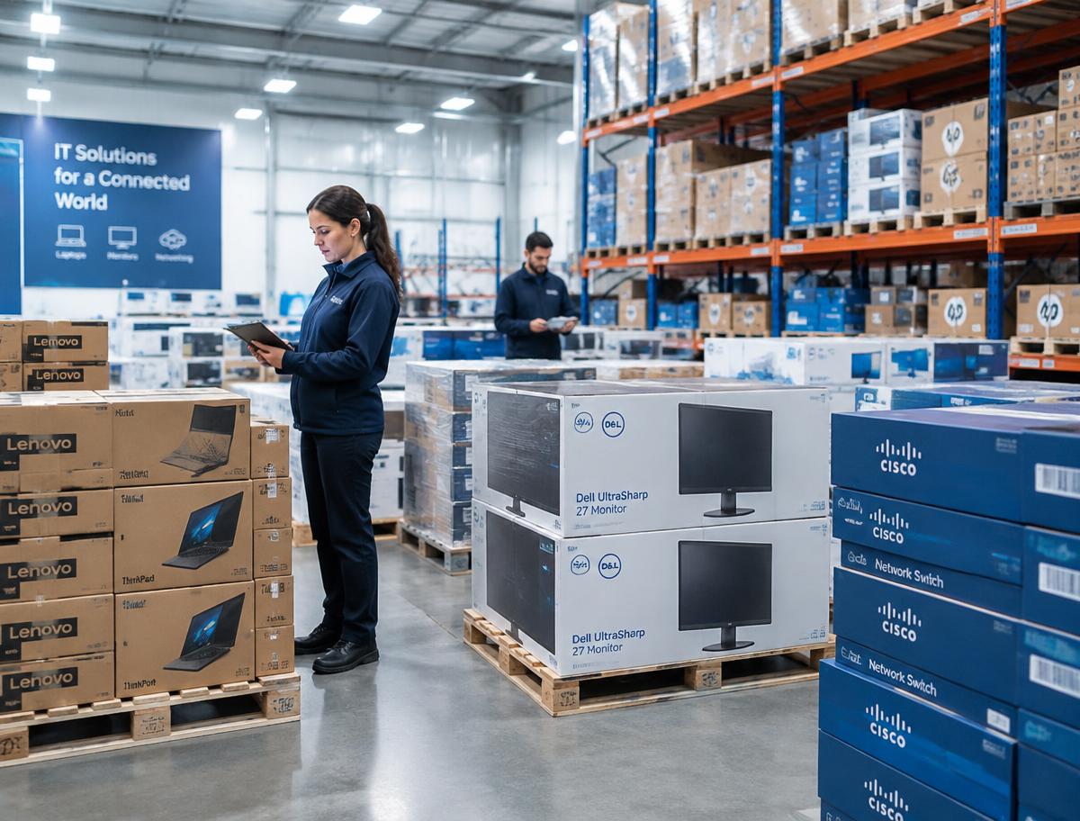 Wholesale warehouse with pallets of boxed computers and monitors